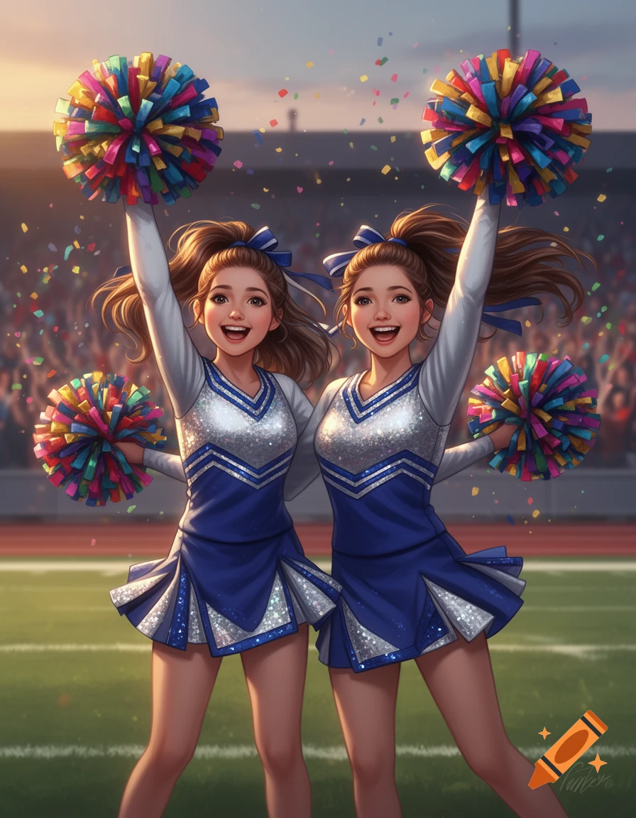 Two smiling cheerleader twins in blue and silver uniforms hold colorful pom-poms on a football field with confetti.
