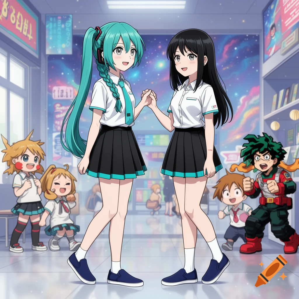 Two anime girls in school uniforms holding hands, with other small anime characters in a bright background.