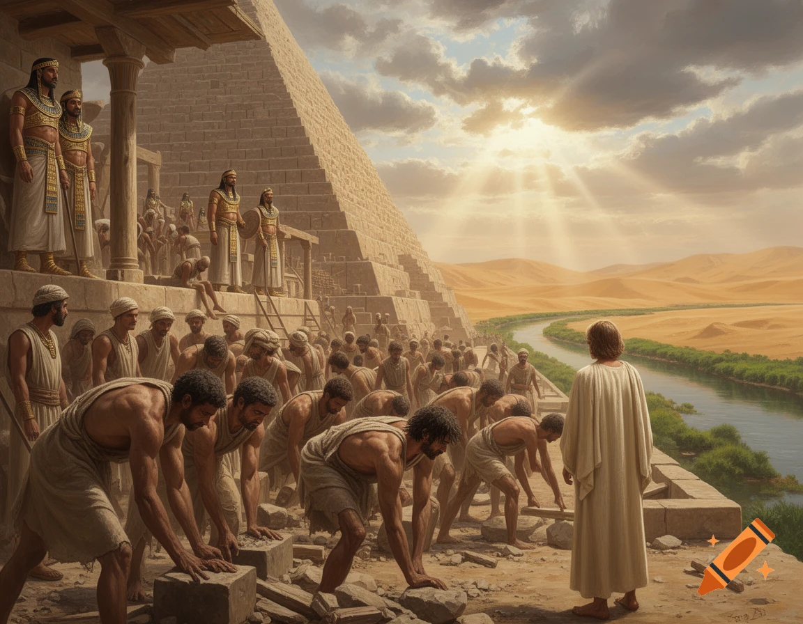 A robed figure watches numerous laborers building a large pyramid in ancient Egypt, with a river and desert under a dramatic sky.