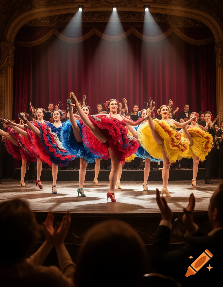 A group of female cancan dancers in colorful ruffled dresses perform on a stage with an orchestra behind them, viewed from the audience.