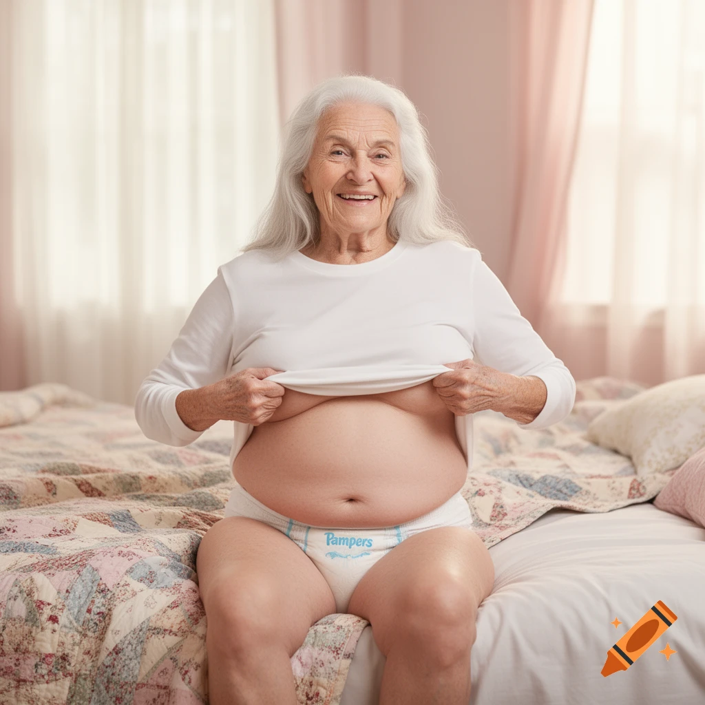 Photorealistic portrait of a smiling elderly woman with white hair, wearing a white shirt and Pampers diaper, pulling up her shirt to show her belly while sitting on a bed.