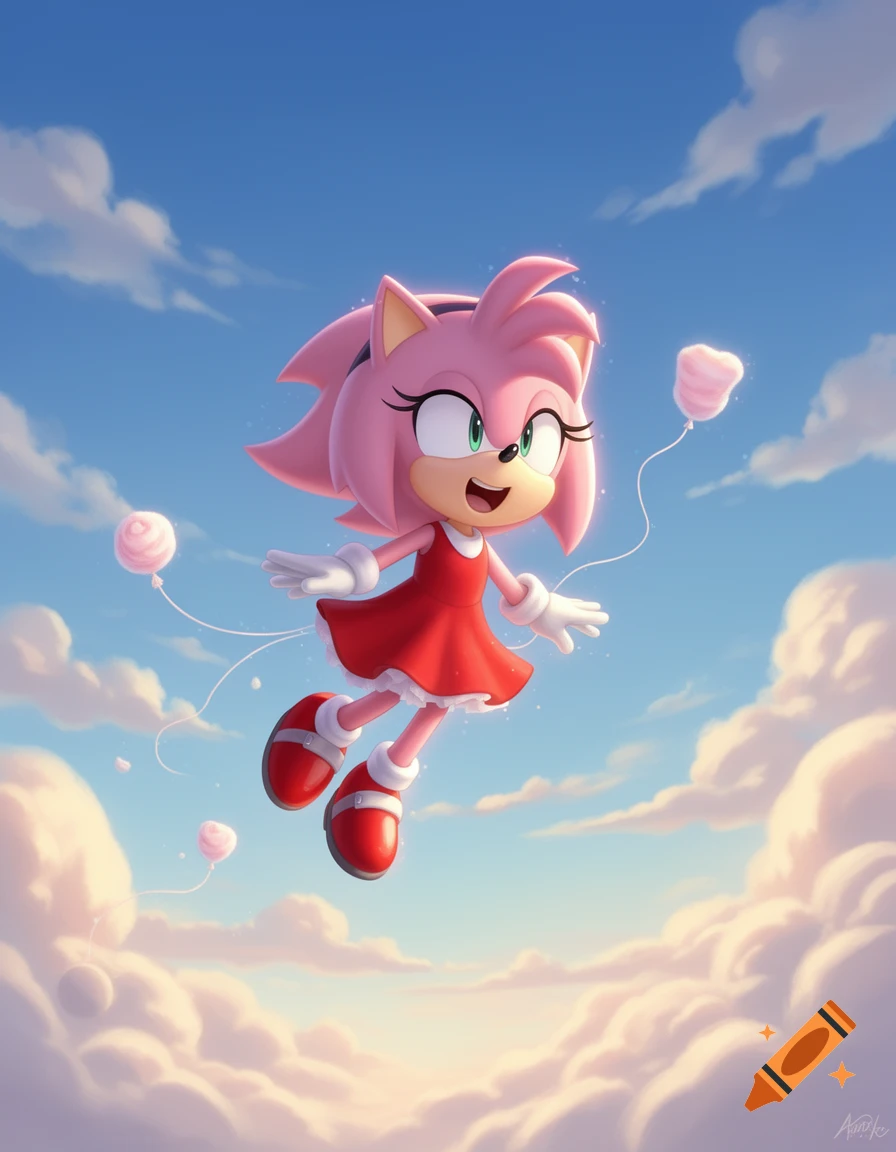 Amy Rose floats happily in a bright blue sky among fluffy white clouds, holding pink cotton candy balloons.