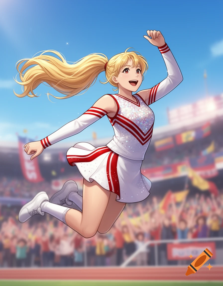 A blonde anime cheerleader with a ponytail jumps in the air at a stadium, smiling and raising her arm.
