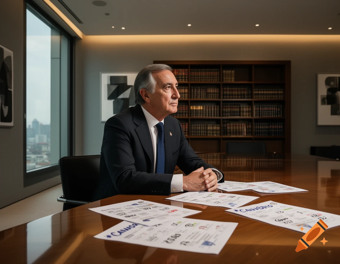 A man in a suit sits at a large wooden desk in a modern office, looking contemplatively to the right, with papers on the desk.