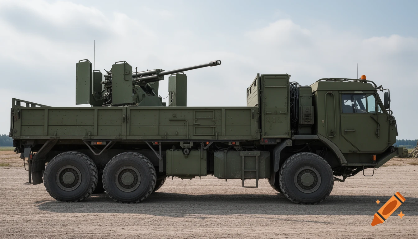 Photorealistic side view of an olive-green military truck with an 8.8 cm anti-aircraft gun mounted on its flatbed, on a dirt field under a cloudy sky.