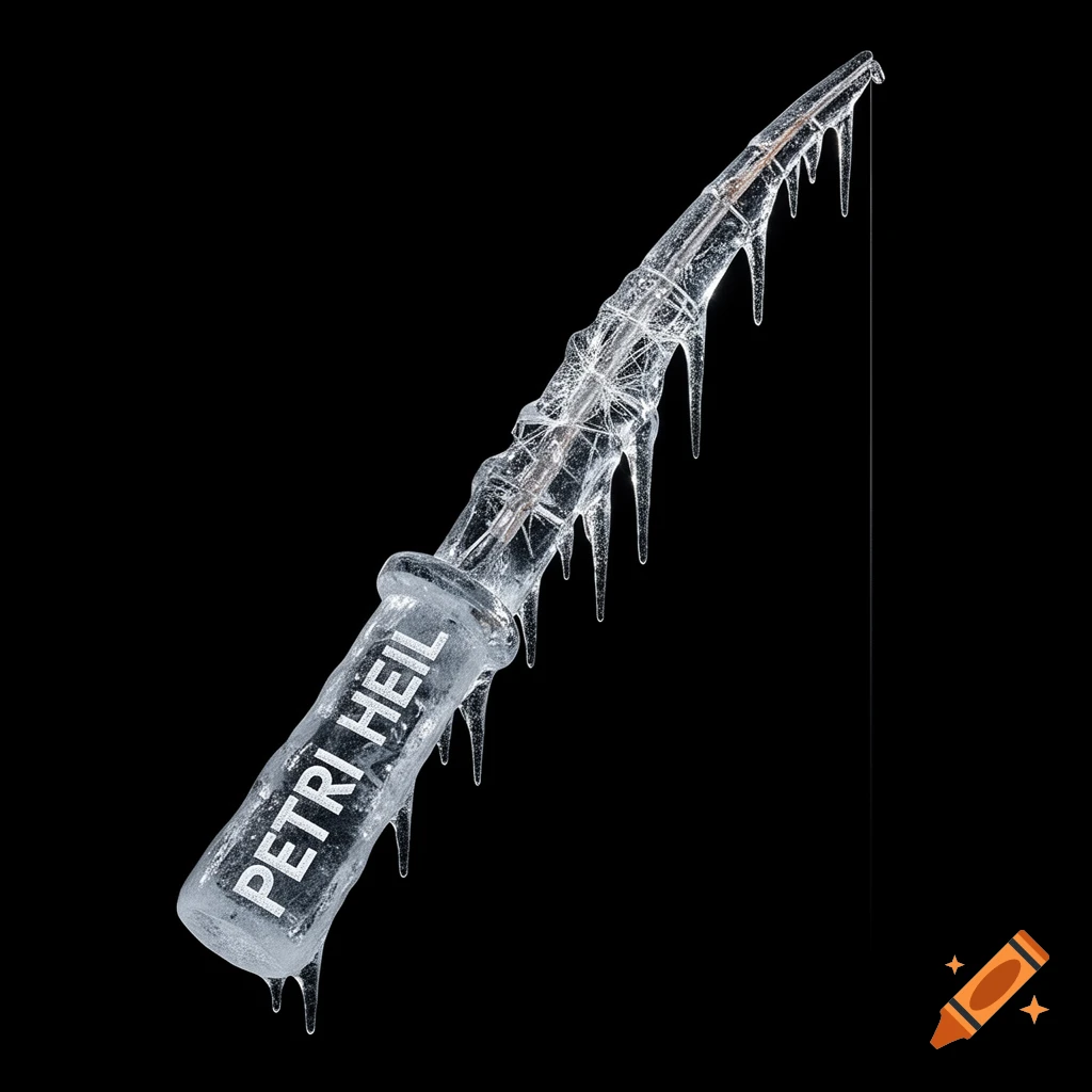 A minimalist album cover features a fishing rod made entirely of sharp, crystal-clear ice and icicles on a black background, with 'PETRI HEIL' engraved on its handle.