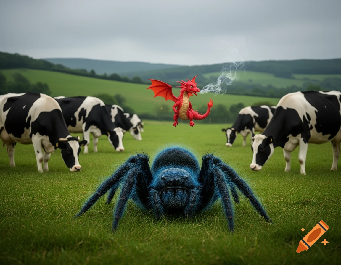 A blue furry spider in the foreground, a red baby dragon breathing smoke, and black and white cows grazing in a lush green field with rolling hills.