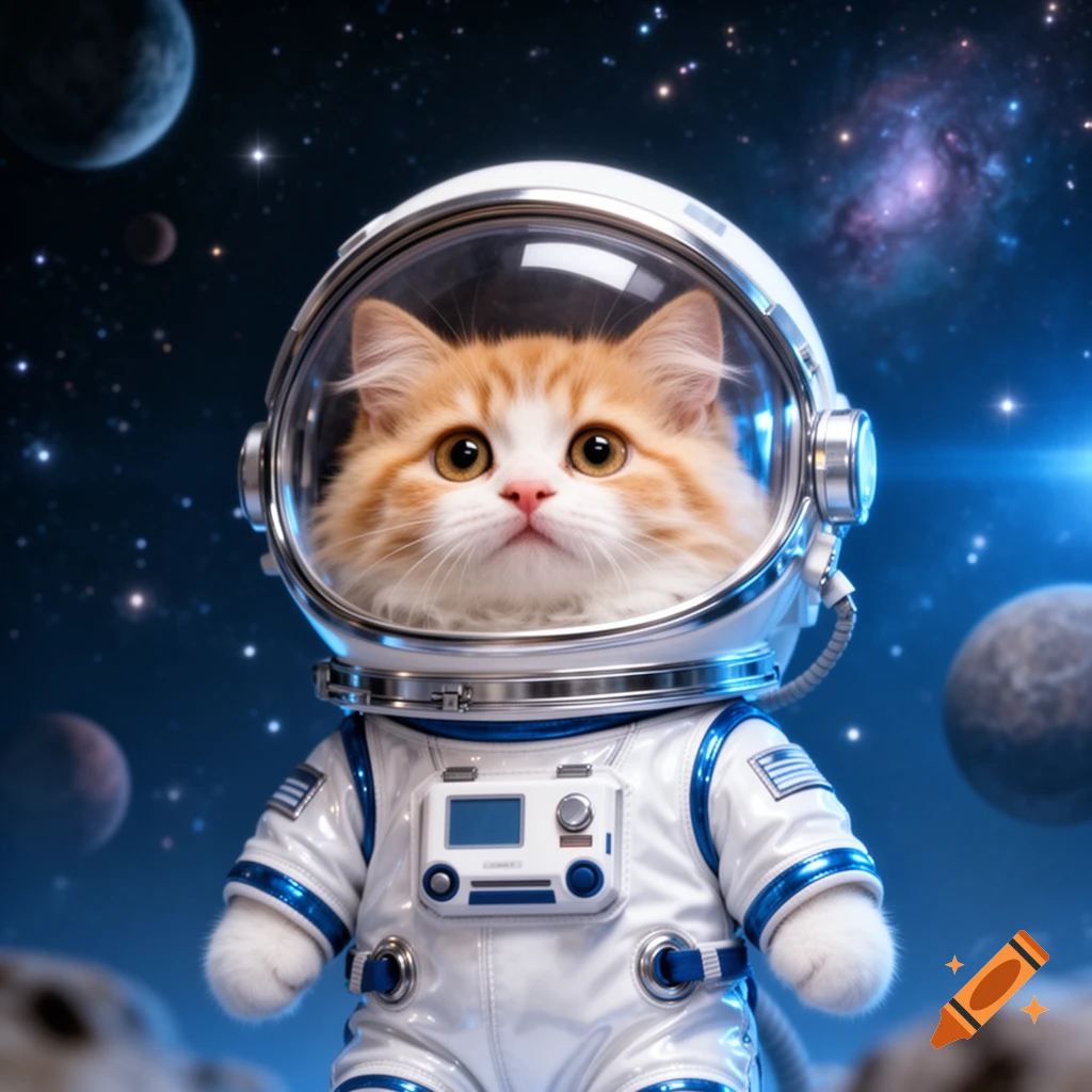 A fluffy orange and white cat in a white astronaut suit with blue trim, gazing upwards in deep space with planets and stars.