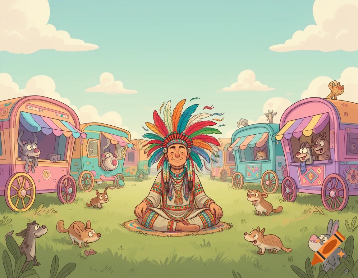 Cartoon man in a colorful feathered headdress meditating in a grassy field, surrounded by playful cartoon animals and whimsical caravans.