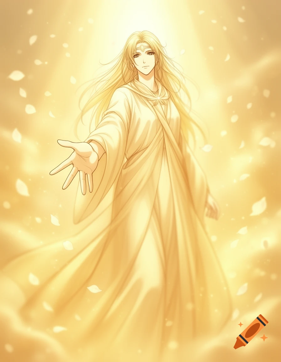 Anime-style goddess in golden robes with long blonde hair reaching out, surrounded by a radiant golden glow and falling petals.