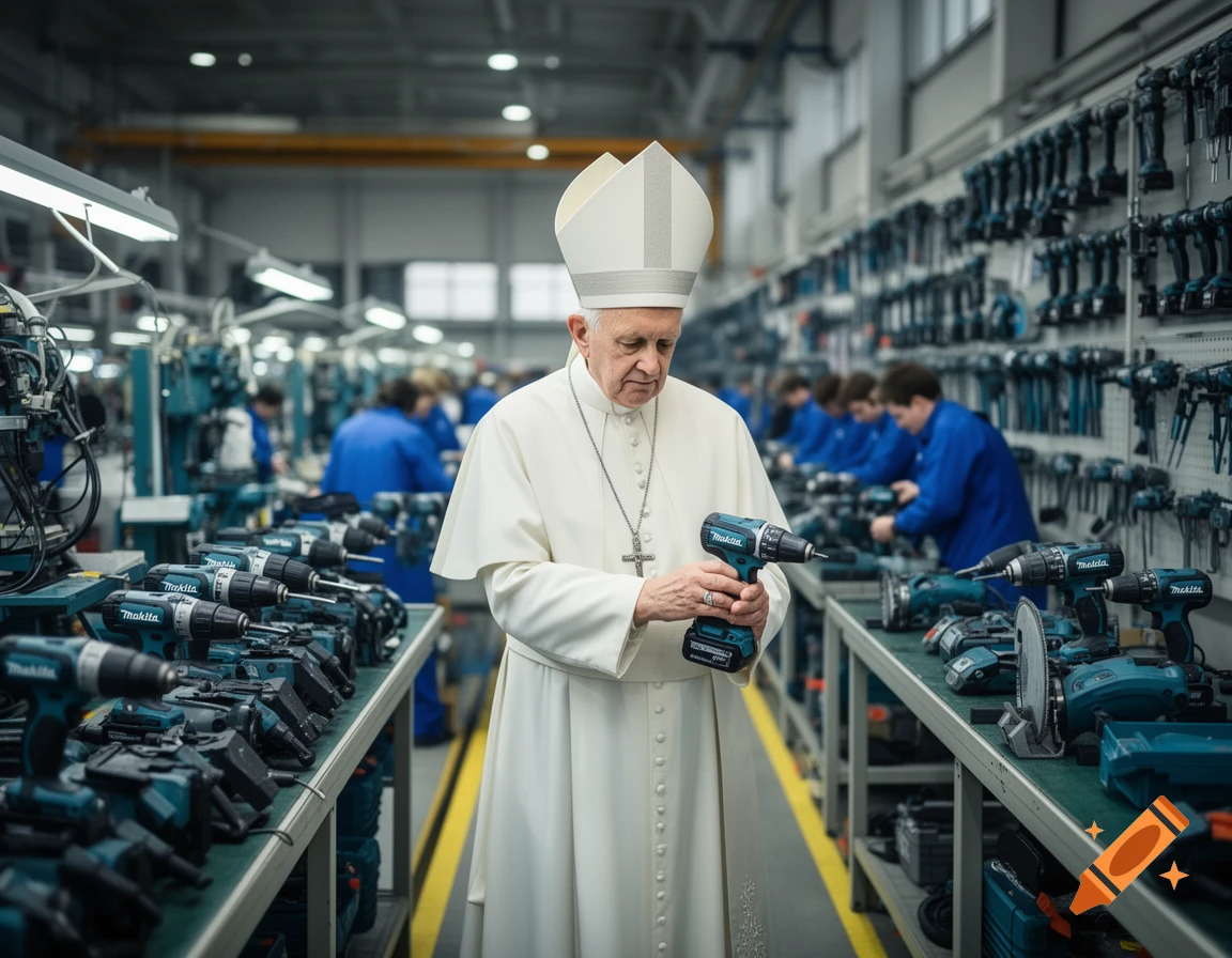 Pope Francis, dressed in white robes, holds a blue and black power drill in a busy Makita factory, surrounded by workers and tools.