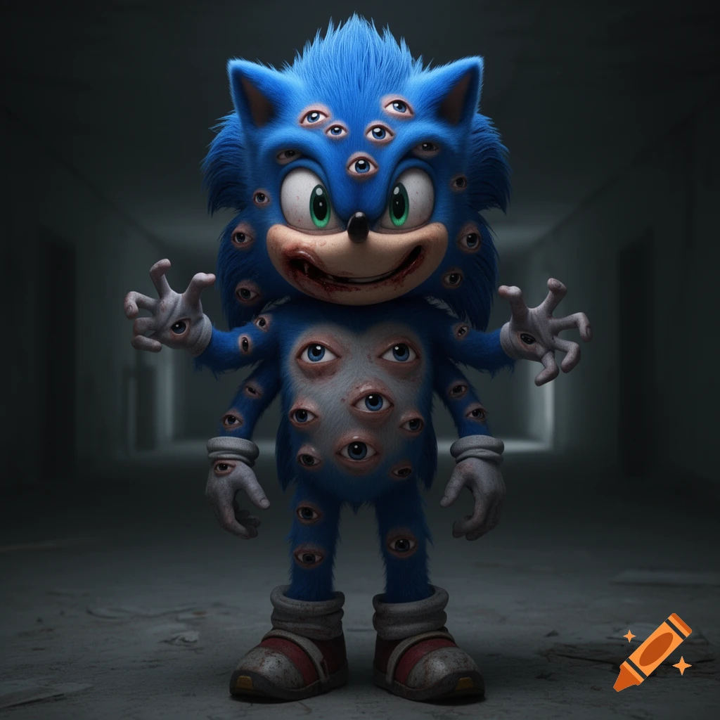 A distorted blue Sonic the Hedgehog covered in many eyes, with a bloody smile and warped hands, stands in a dark, eerie hallway.