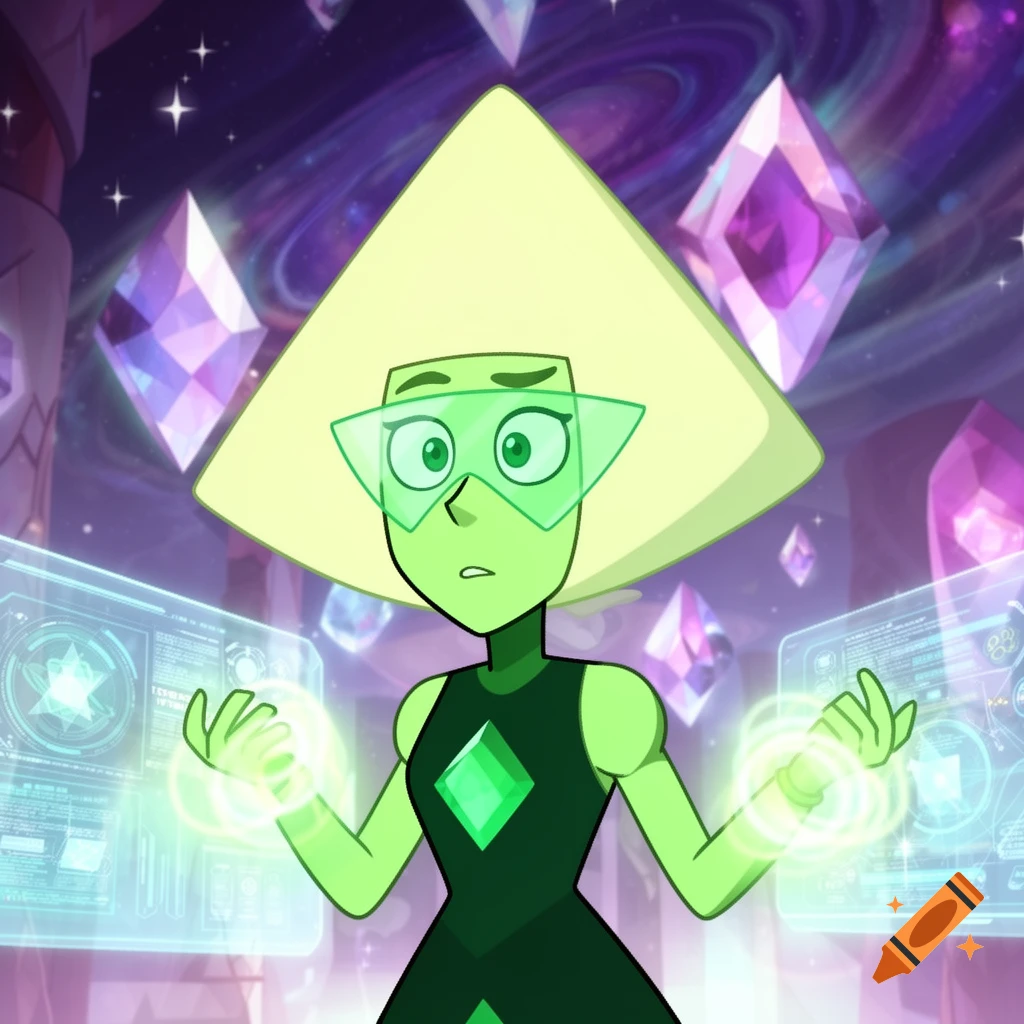 Cartoon character Peridot with a triangular head and green visor, holding glowing holographic screens, set against a background of floating purple crystals in space.