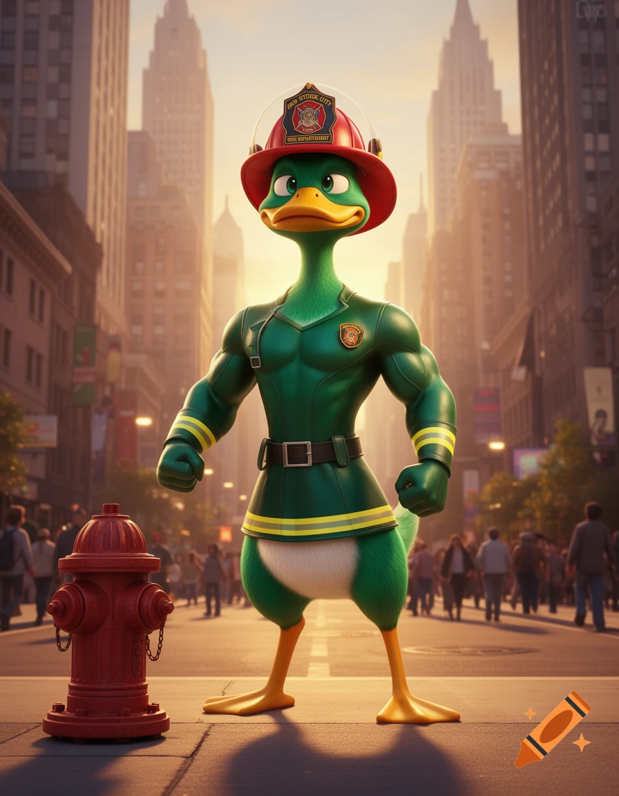 A muscular, green duck dressed as a firefighter stands next to a red fire hydrant on a city street.