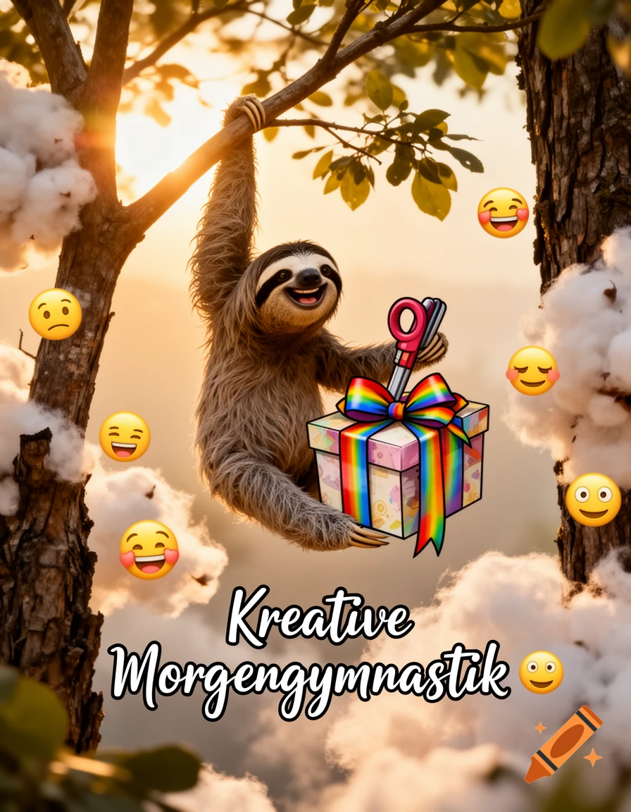 A happy cartoon sloth hangs from a tree, holding a gift and scissors, with emojis and 'Kreative Morgengymnastik' text.
