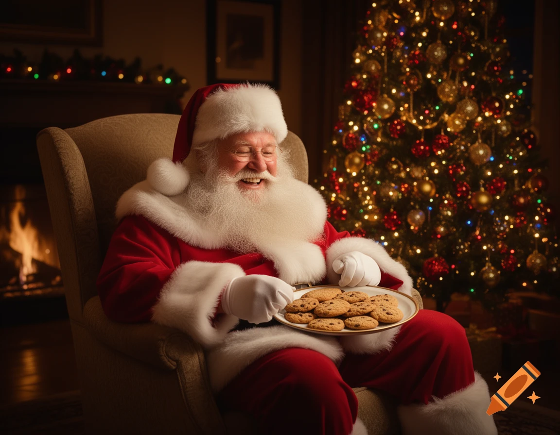Santa Claus sits in an armchair by a fireplace and a decorated Christmas tree, happily eating chocolate chip cookies from a plate.