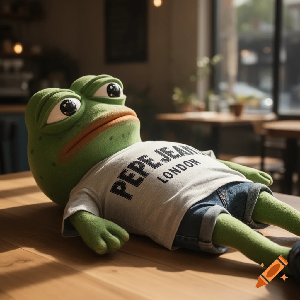 Photorealistic 3D Pepe the frog character in a t-shirt with "PEPE JEAN LONDON" and shorts, lying on a cafe table, looking sad.