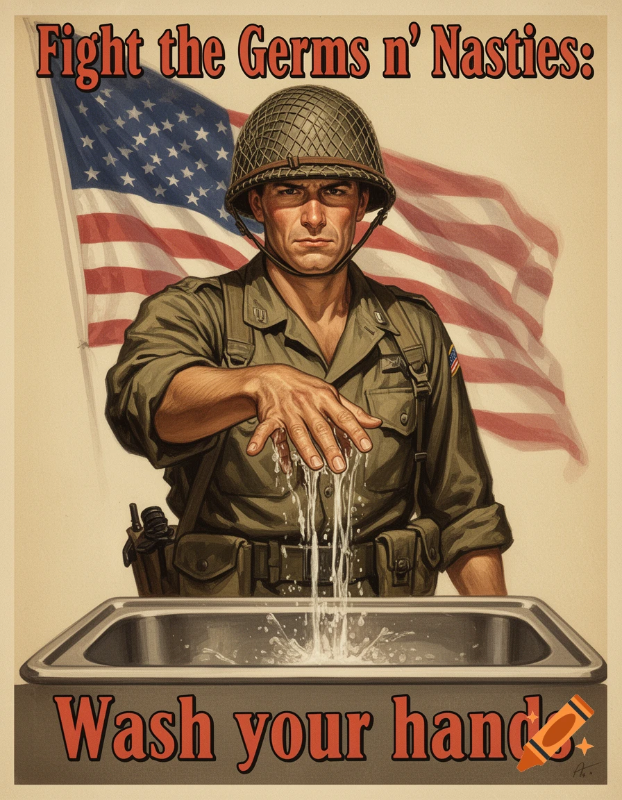 WW2 propaganda poster of a soldier washing hands in a sink, American flag, text 'Fight the Germs n' Nasties: Wash your hands'.