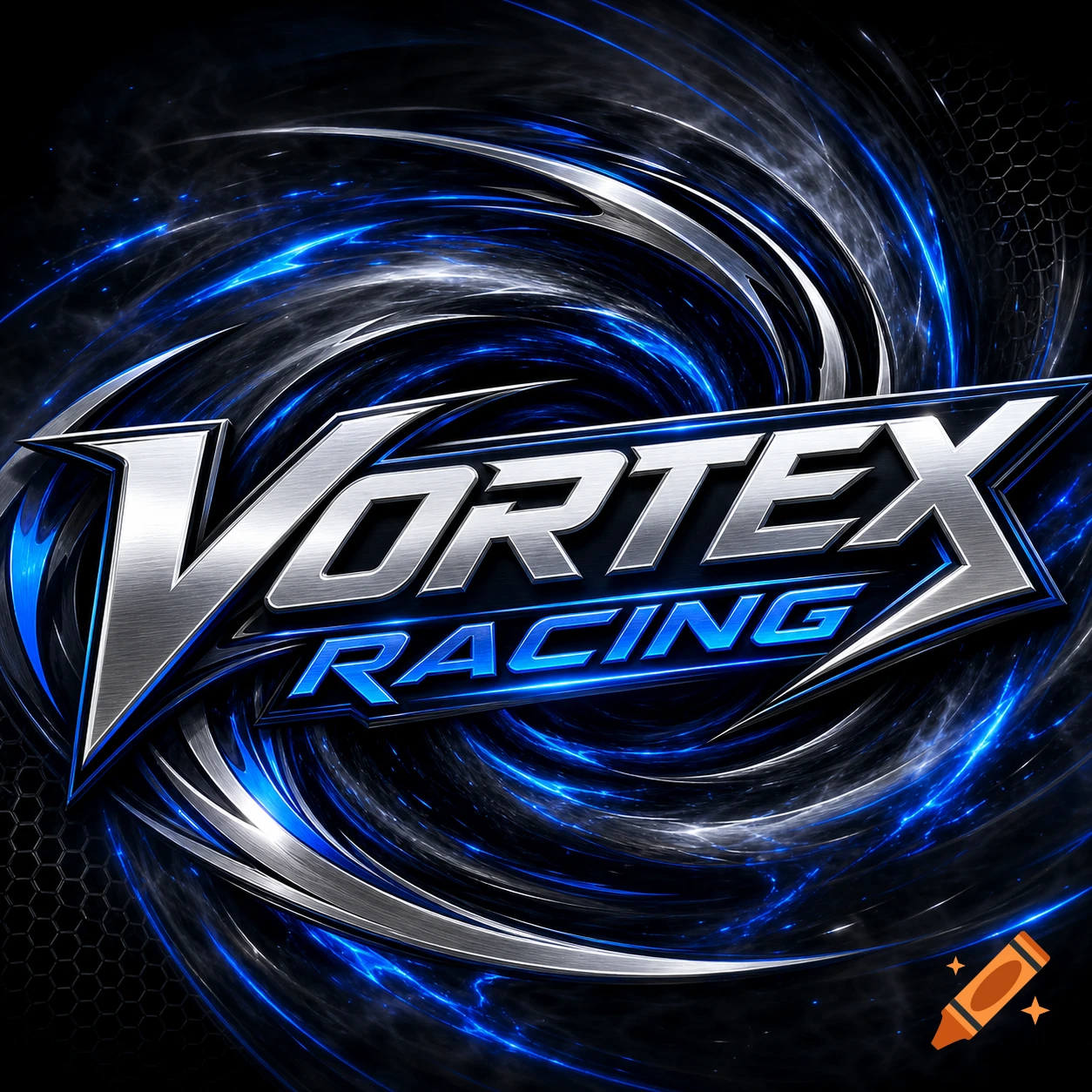 A sleek, metallic logo features "VORTEX" in large, brushed silver letters above "RACING" in glowing blue, set against a dynamic background of swirling blue energy and black.