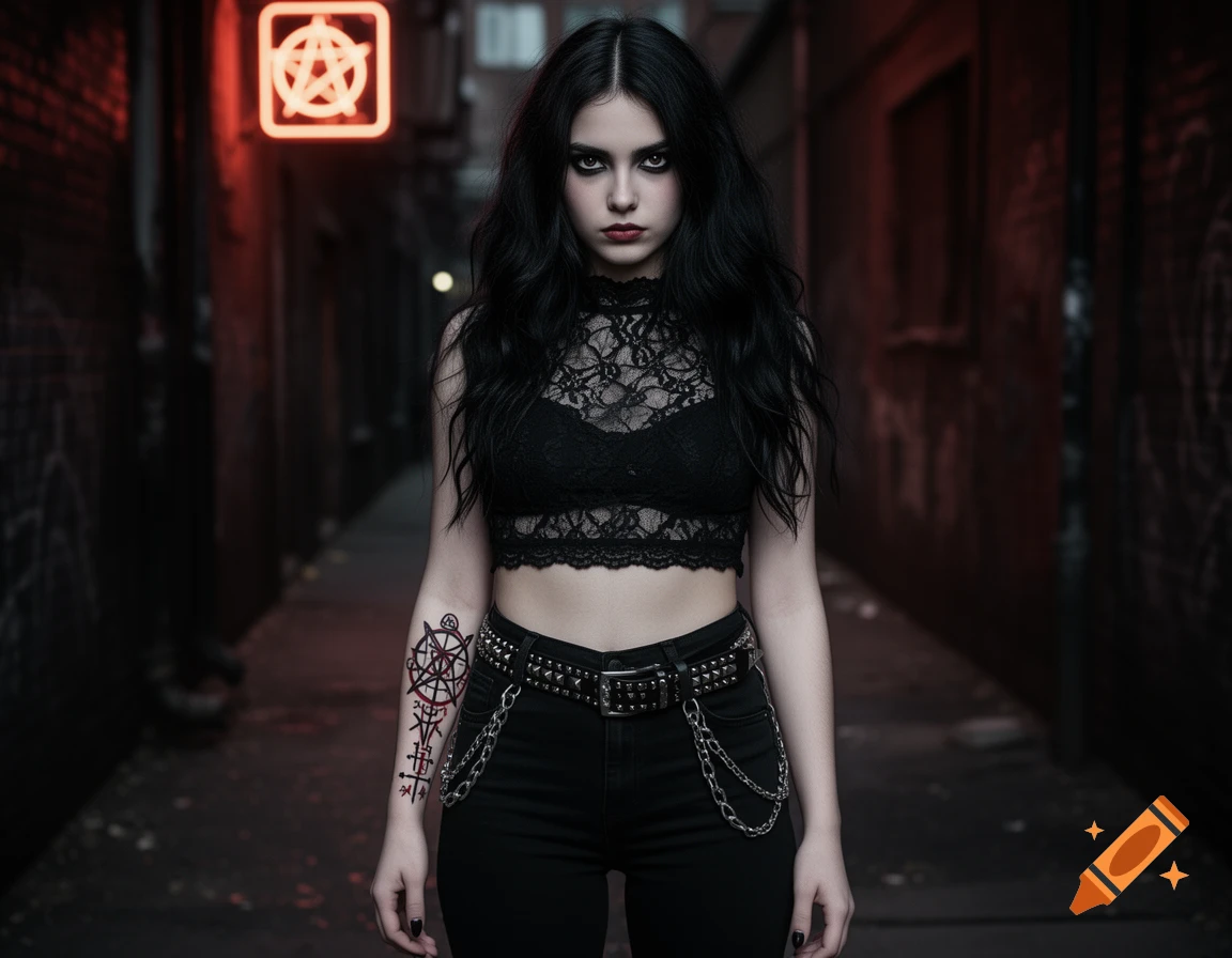 A young goth woman with long black hair, dark makeup, black lace crop top, studded belt, and a forearm tattoo stands in a dark alley with a neon pentagram sign, photorealistic.