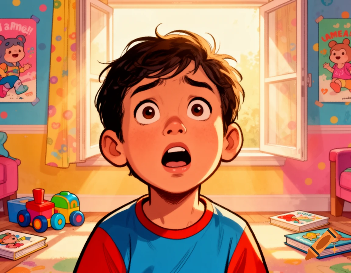 A shocked cartoon boy with wide eyes and open mouth in a bright, colorful child's room with toys and posters, comic book style.