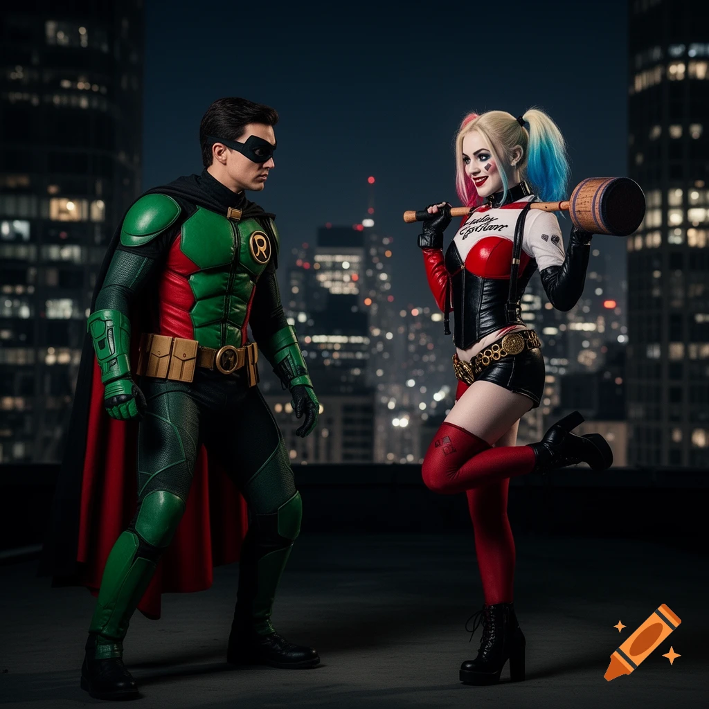 Robin and Harley Quinn stand on a city rooftop at night, both in detailed costumes, looking at each other.