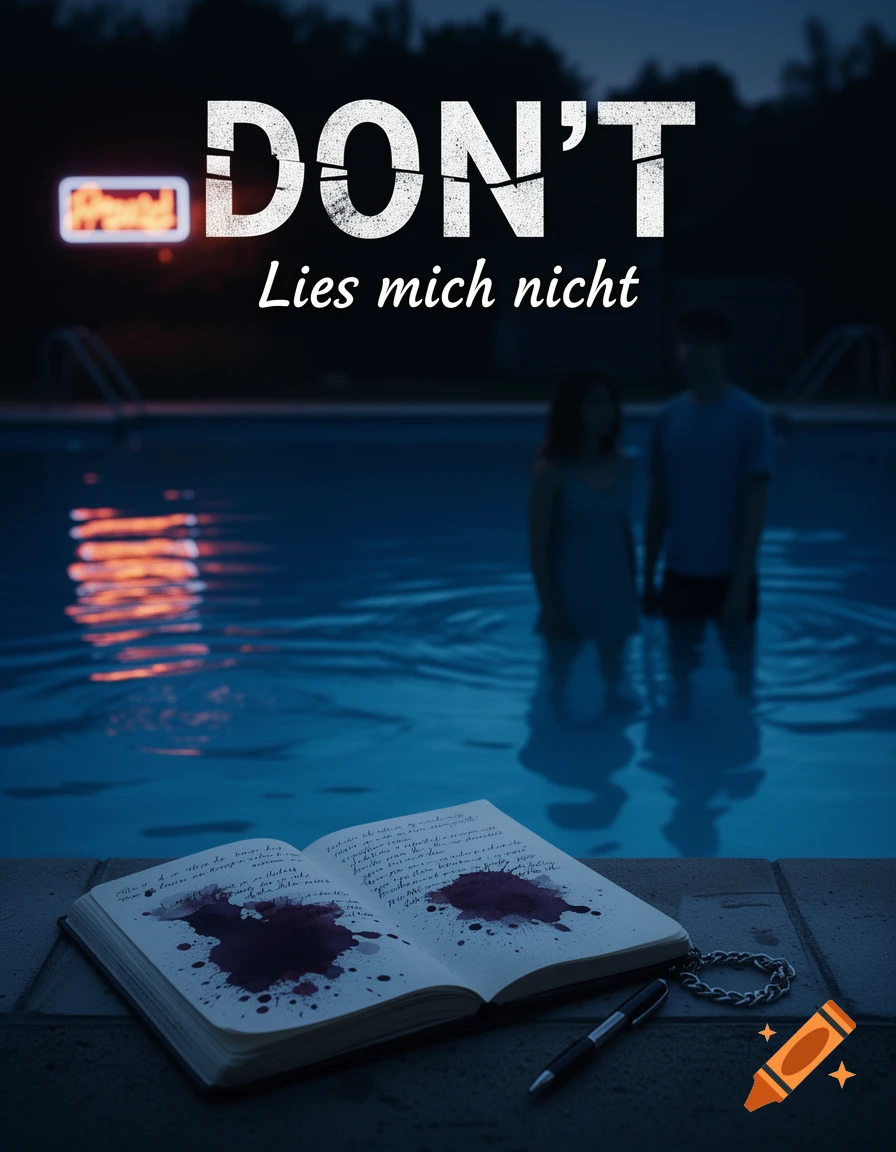 A dark book cover titled 'DON'T Lies mich nicht' with a blood-stained diary by a pool at night, two blurry figures stand in the water.