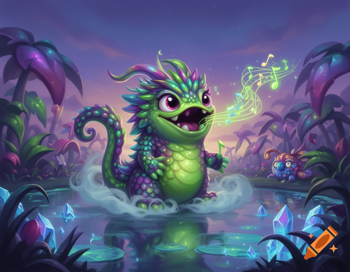 A vibrant, happy green and purple cartoon monster sings musical notes in a magical pond with glowing crystals and exotic plants under a purple sky.