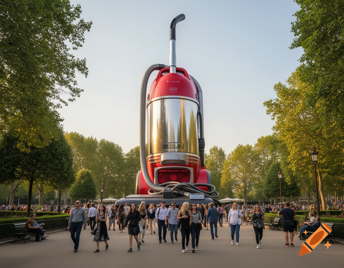 A gigantic red and silver vacuum cleaner sculpture stands in a sunny park, towering over people walking on a paved path.