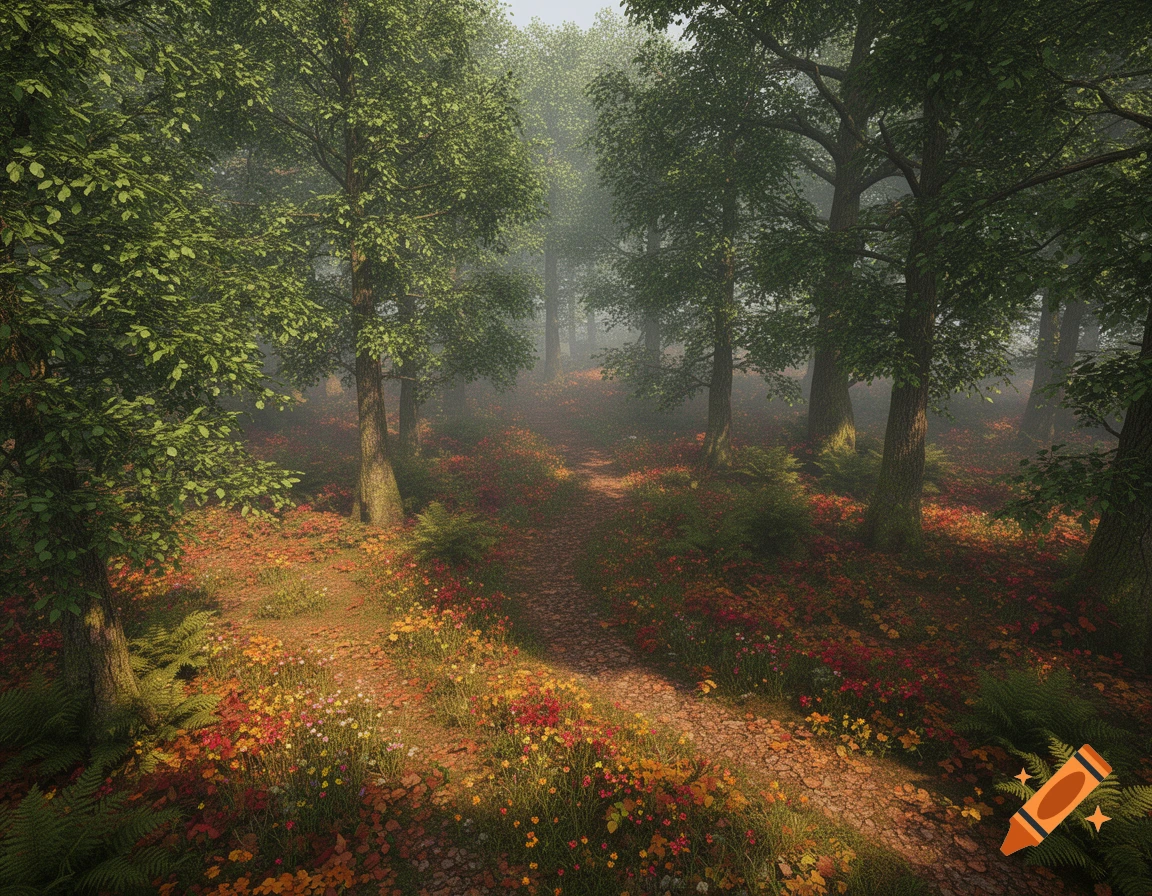 A sun-dappled forest path winds through tall trees, with the ground covered in colorful autumn leaves and wildflowers.