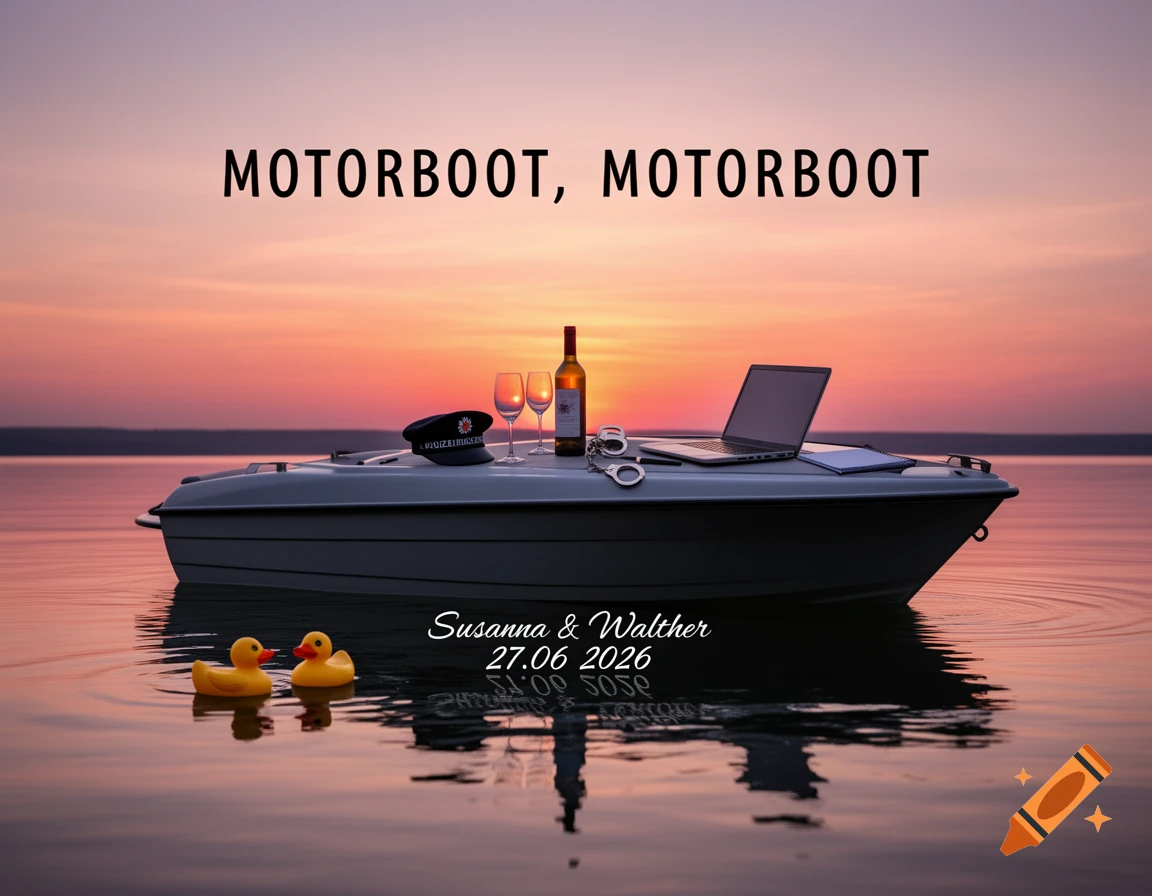 A motorboat with wine, glasses, a laptop, police cap, and handcuffs floats on water during sunset, with two rubber ducks. Text reads "MOTORBOOT, MOTORBOOT" and "Susanna & Walther 27.06 2026"