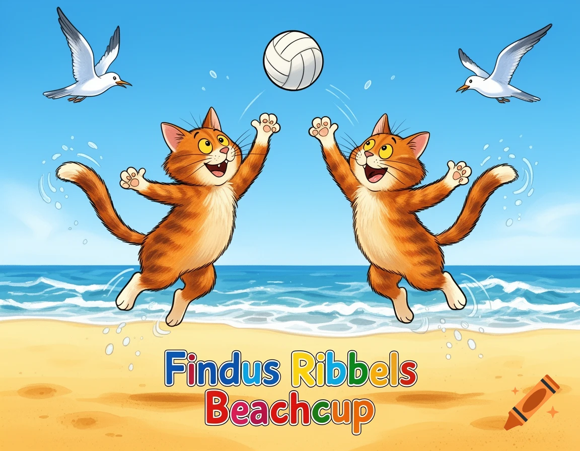 Two smiling cartoon orange tabby cats play beach volleyball under a blue sky with seagulls, text says "Findus Ribbels Beachcup".