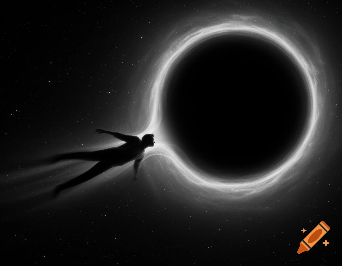 Dramatic black and white image of a silhouetted human figure being pulled into the glowing accretion disk of a black hole in space.