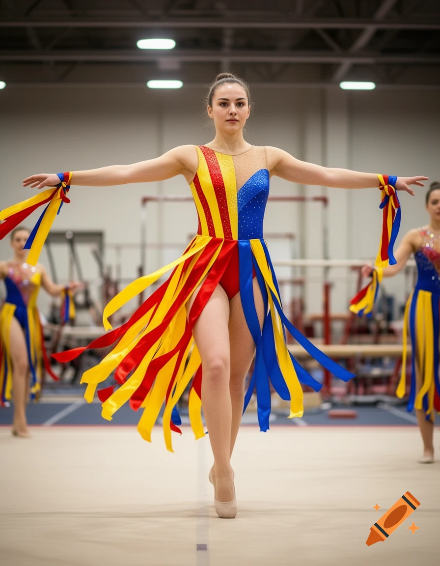 Female gymnast in a vibrant red, yellow, and blue ribbon leotard performing in an indoor arena, with other gymnasts in the background.