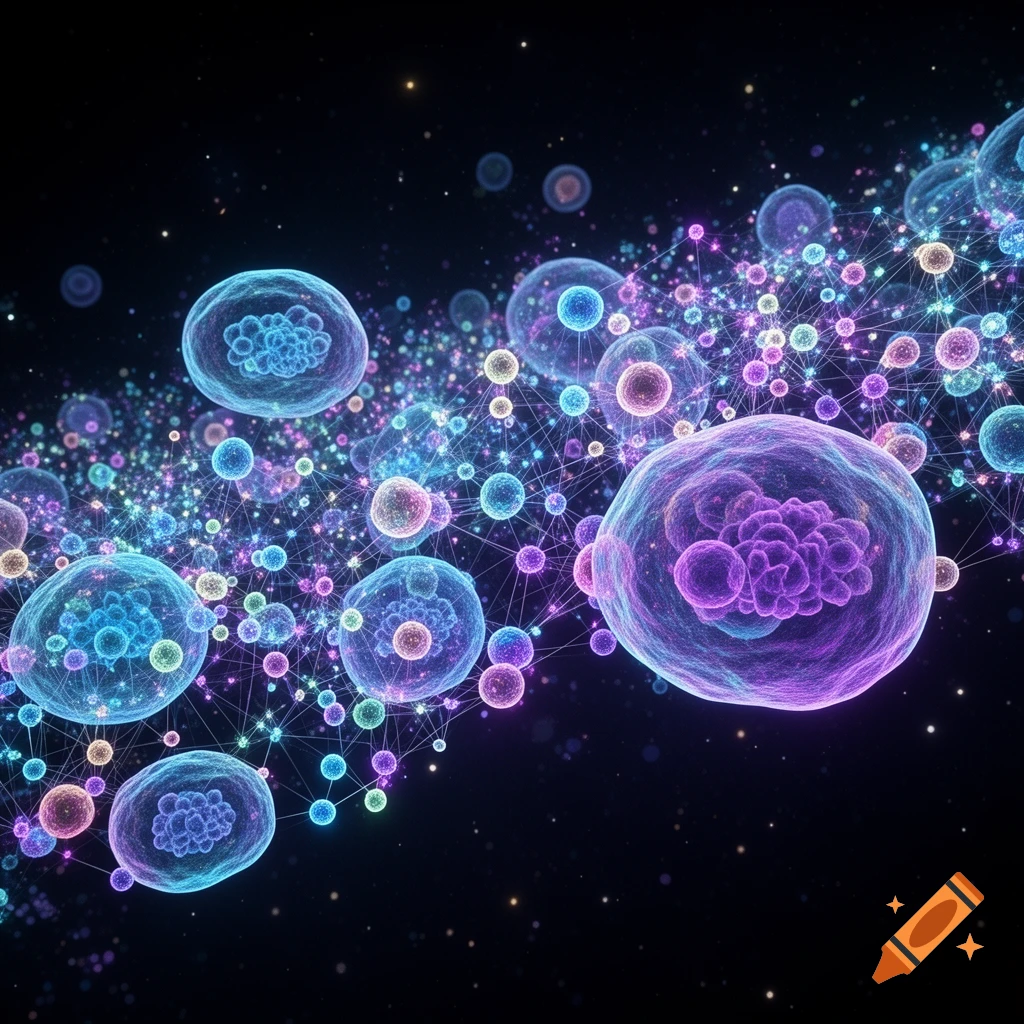 Glowing blue and purple cells and particles connected by a network of luminous lines against a dark, star-filled background.