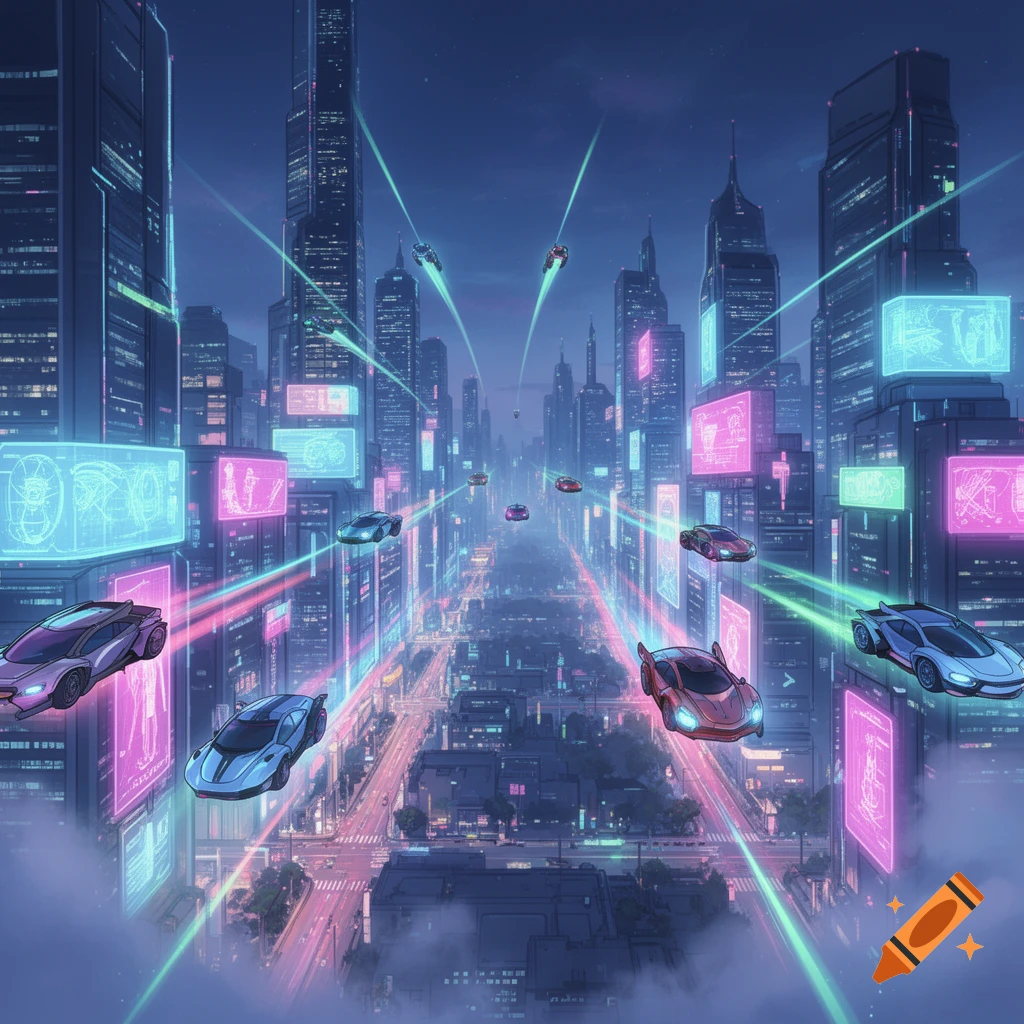A futuristic city at night with neon-lit skyscrapers, flying cars, and glowing light trails.