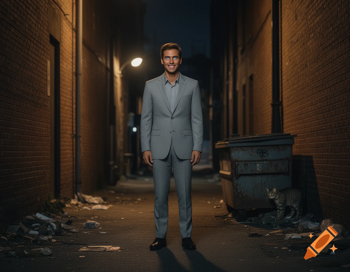 A man with intensely blue eyes stands in a dimly lit urban alley, with a dumpster and a cat to his right.