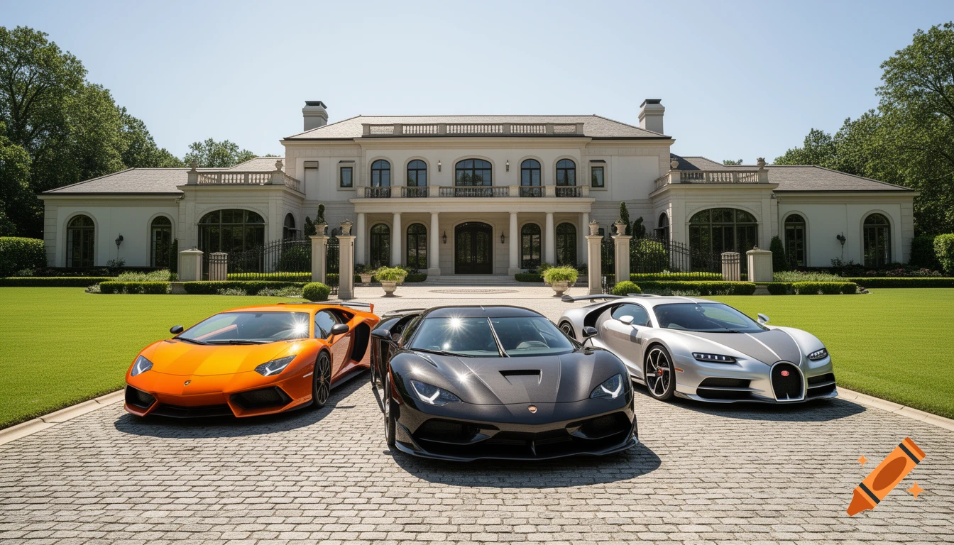 Three luxury cars, orange, black, and silver, parked on a paved driveway in front of a large, elegant white mansion with green lawns.