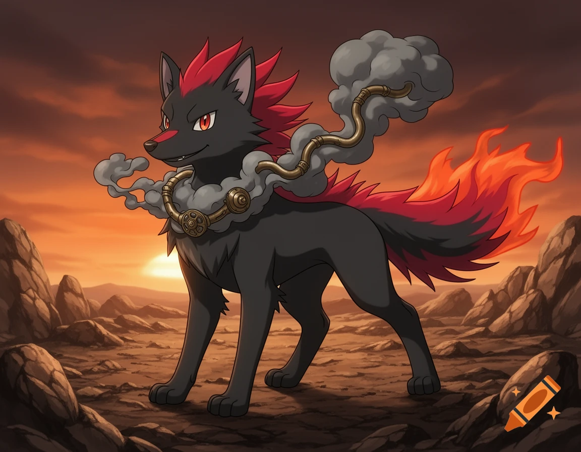 A black fire-type wolf-like creature with a red mane, fiery tail, and steampunk smoke collar stands in a desolate landscape at sunset.