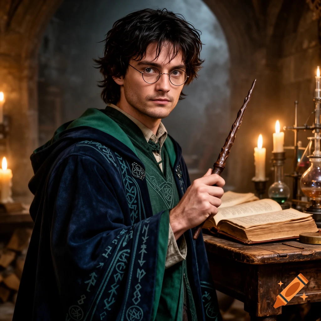 A man resembling Harry Potter in dark green and blue wizard robes, holding a wand, stands in a dimly lit, old stone room.