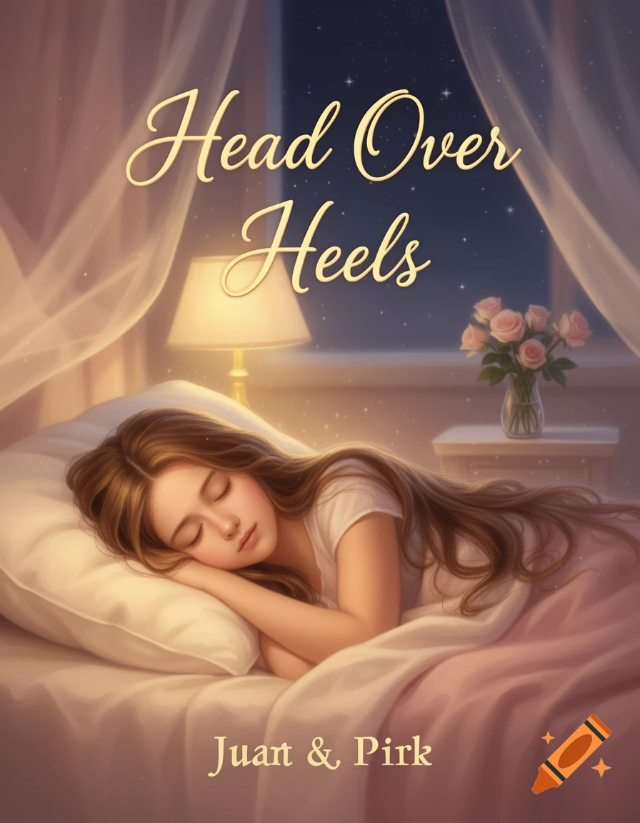 Illustrated book cover featuring a girl with long brown hair sleeping in a canopy bed at night, with a lamp, roses, and visible text 'Head Over Heels'.