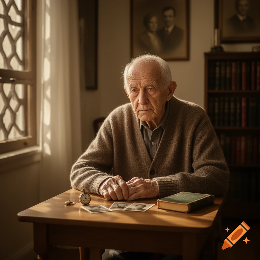 An elderly man sits at a wooden table, looking contemplative, with old photos, a pocket watch, and a book in a sunlit room.