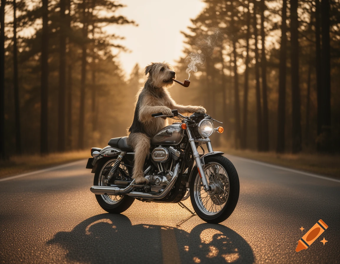 A photorealistic image of a scruffy dog sitting on a motorcycle, smoking a pipe on a forest road at sunset.