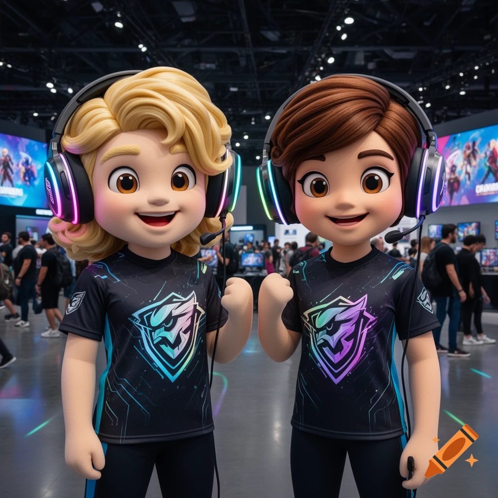 Two smiling cartoon mascots, one blonde and one brunette, wearing glowing gaming headsets and esports jerseys at a convention.