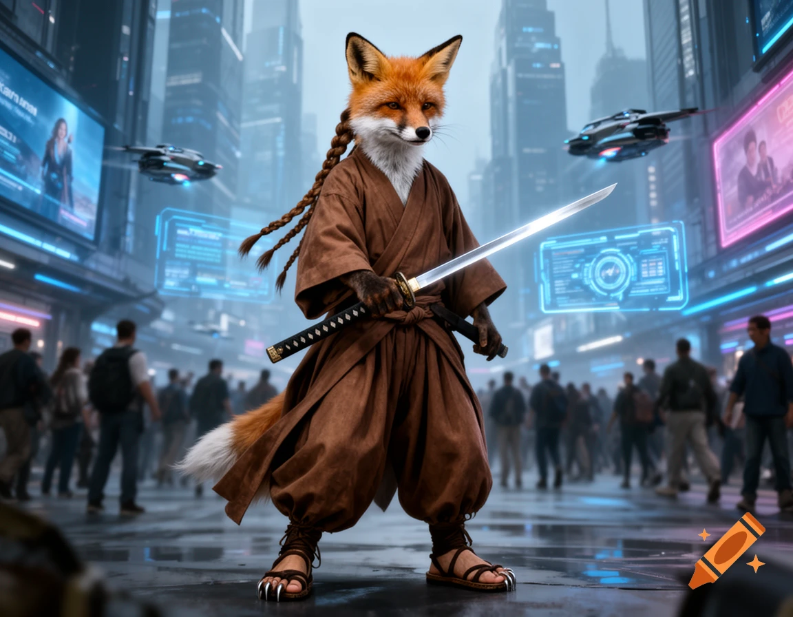A serious anthropomorphic fox in brown robes, braided hair, and sandals, holding a katana in a bustling futuristic city.
