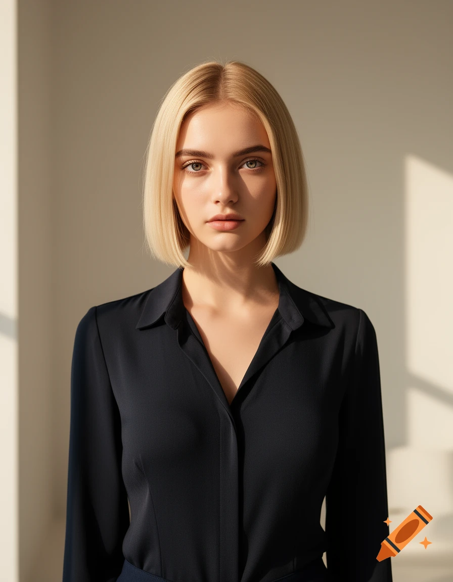 Photorealistic portrait of a blonde woman with a bob haircut in a dark collared shirt, lit by sunlight.