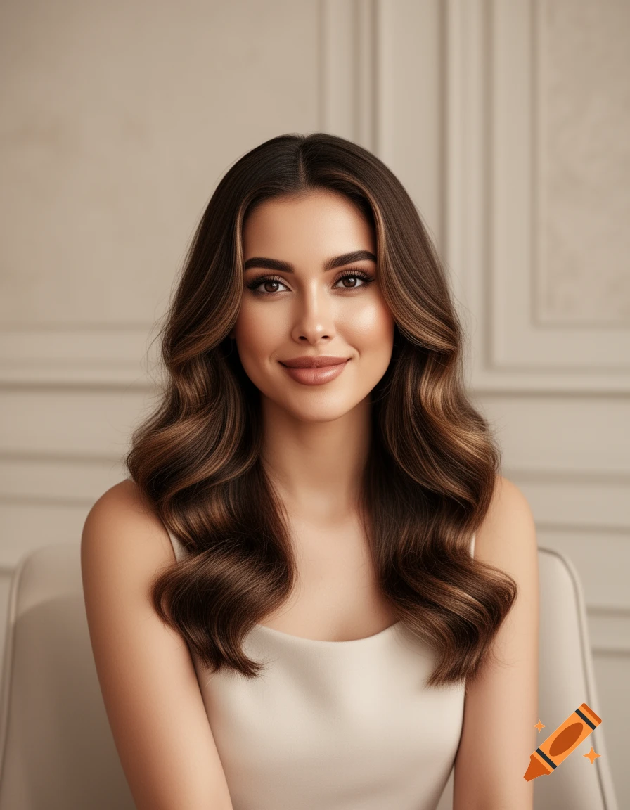 A beautiful woman with long wavy brown hair and highlights, wearing a light-colored top, smiling subtly at the camera.