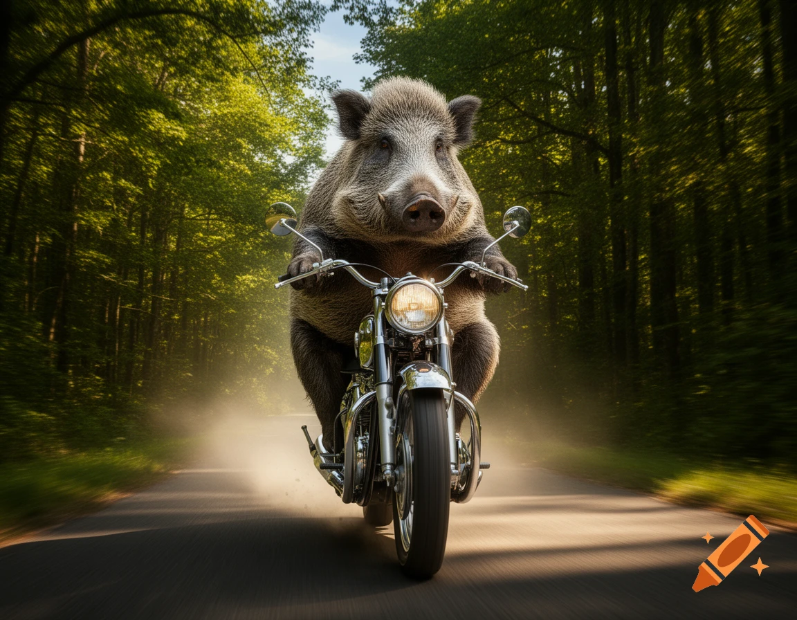 A wild boar rides a chrome motorcycle down a sun-dappled forest road, leaving a dust trail.