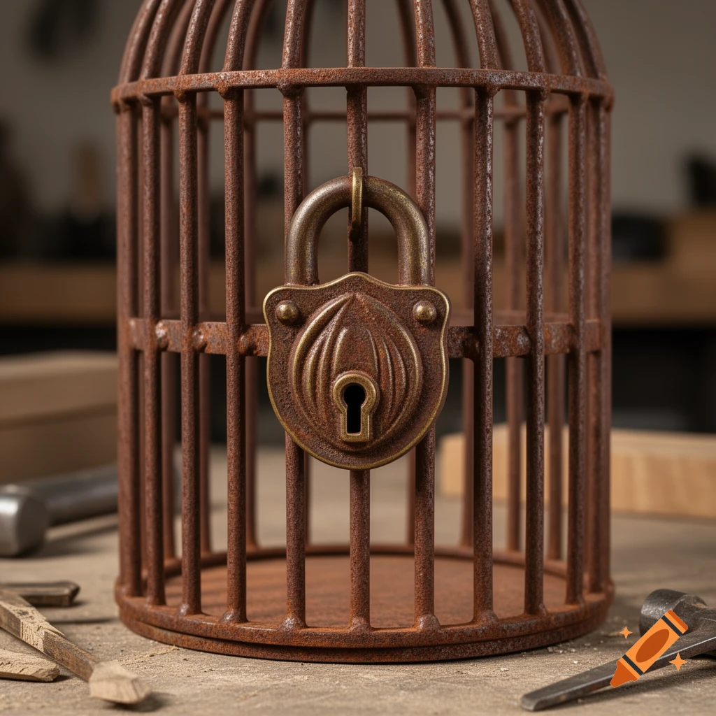 A photorealistic image of a rusty metal cage secured with an ornate padlock on a wooden workbench with tools.