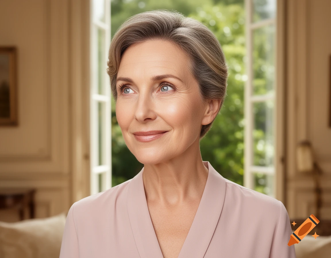 Photorealistic portrait of a smiling older woman with grey hair and blue eyes, wearing a pink top, looking out a window.